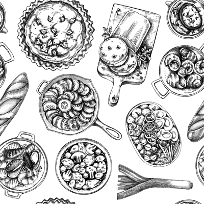 French food seamless pattern. Vintage food and wine sketches. European restaurant menu design. France background. Hand-drawn vector illustration, NOT AI generated